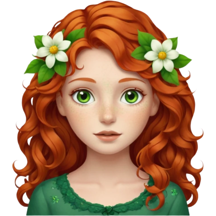 Natural redhead model, green eyes, wavy hair, flowers in hair emoji
