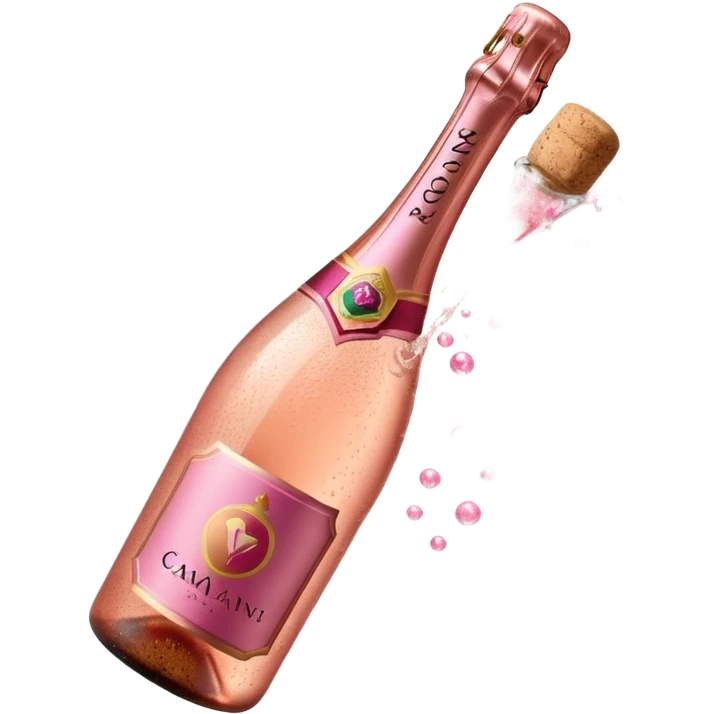 bottle of sparkling rosé champagne with a rose logo on the label, with the cork exploding out from the top, tilted up and to the left, no glass emoji