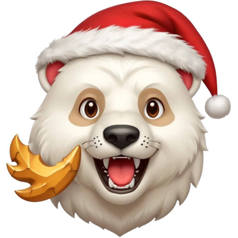 Polar bear and wolf hybrid with sabertooth fangs; smiling; wearing a Santa hat  emoji
