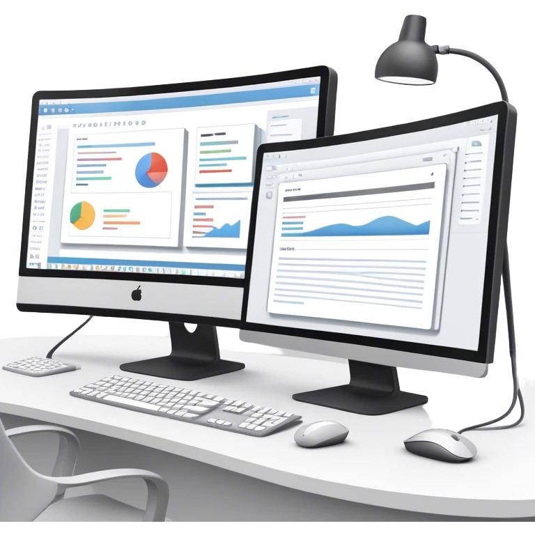 Create an emoji for UX/UI design. Show two large curved monitors displaying UX/UI design interfaces. Include a mouse, keyboard, and stylus next to the screens. Use modern, professional colors. Do not include any emojis or smiley faces. Make the background transparent. emoji