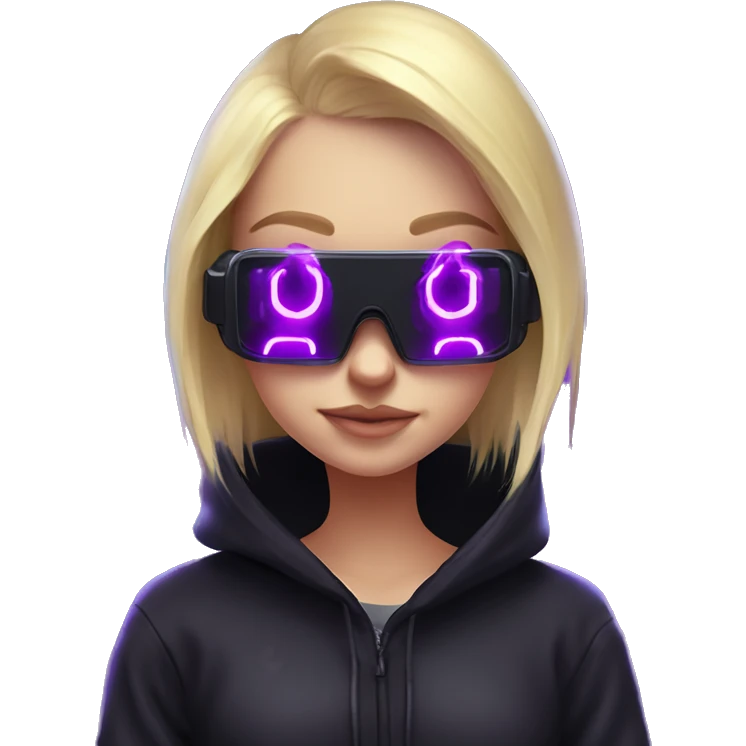 Russian cute blond girl wearing black hoody with violet letters "OMG", in vr headset. Cyberpunk style. Violet neon. emoji