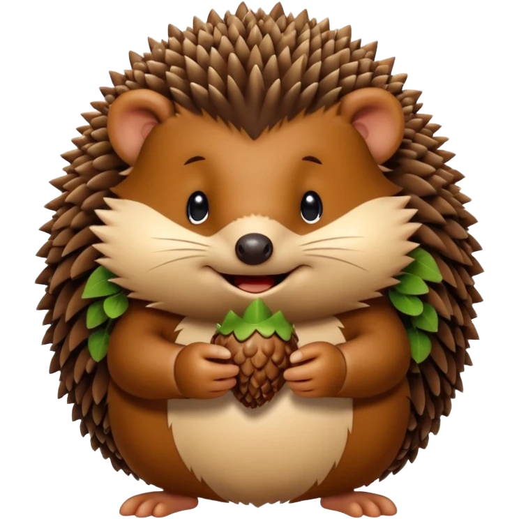A round hedgehog with a small fuzzy beard puff under its nose, smiling shyly while holding a tiny acorn.



















 emoji
