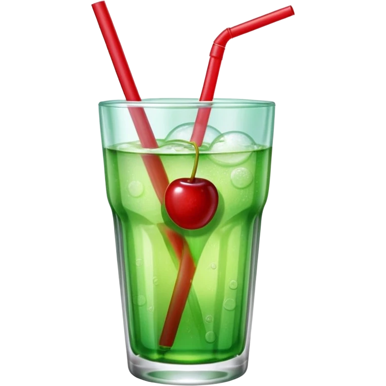 Create an emoji with a clear rounded glass, bright transparent green soda with fine bubbles, a smooth vanilla scoop, a glossy red cherry, and a red straw, using vibrant colors, soft shading, and clear glass highlights.
 emoji