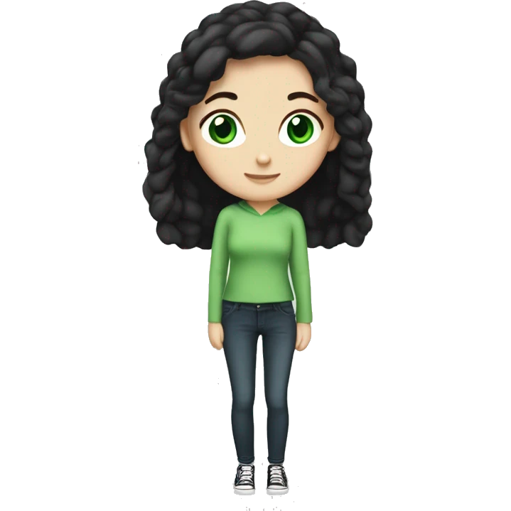 white girl with black hair, green eyes full body emoji