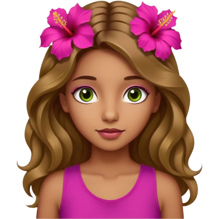 Una ragazza con gli occhi tra il marrone e il verde con gli occhi grandi i capelli lunghi castani quasi biondi lunghi fino alle spalle,poi magra con un top fucsia e uh hibicus sempre fucsia trai capelli  emoji