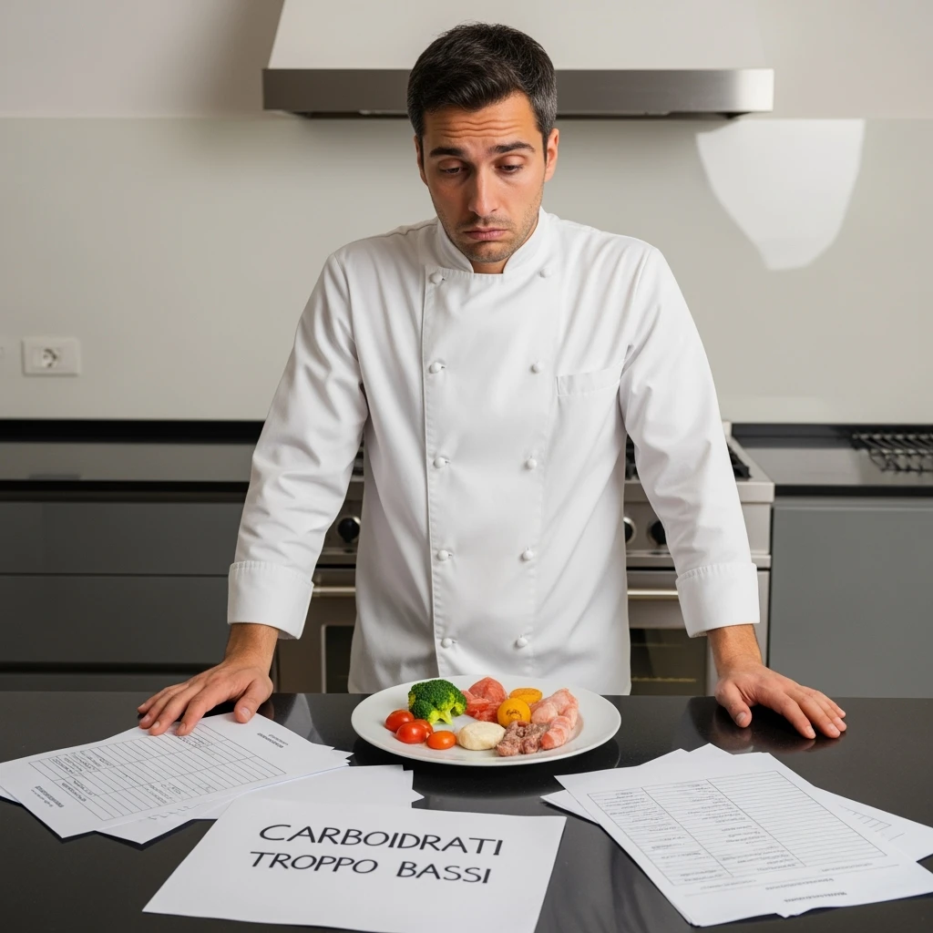 Uomo sui 35 anni in cucina, con espressione affaticata e spenta, guarda un piatto con pochissimi carboidrati (solo qualche verdura e proteine). Accanto a lui, fogli con una dieta rigida e una scritta visibile: 'Carboidrati troppo bassi'. emoji