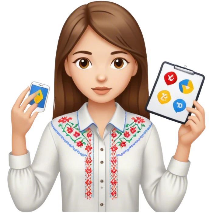 A Ukrainian girl with brown hair in an embroidered shirt holds a diagram emoji