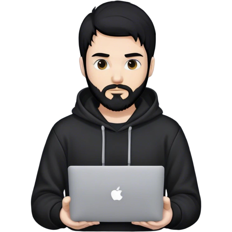 hackeur blanc cheveux noir barbe et capuche noir avec un macbook emoji