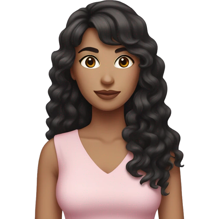White woman with long black curly hair and bangs and dark brown eyes, wearing a pastel pink dress emoji