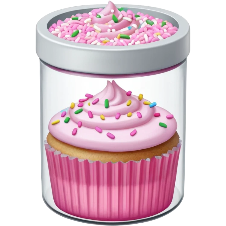 silver glitter in a small clear circular container with white lid, can of sprinkles, and pink cupcakes  emoji