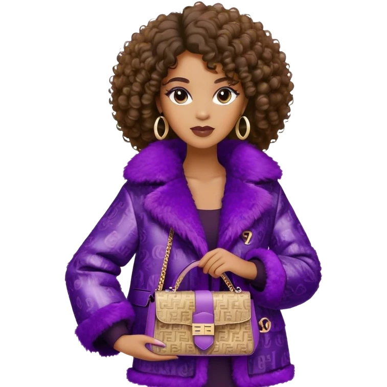 Beautiful black woman with curly hair. She is wearing a brown monogram Fendi jacket with a fur trim. She is carrying a Fendi Baguette
Purple sequined bag. I want the image close up. The jacket is not purple.  emoji