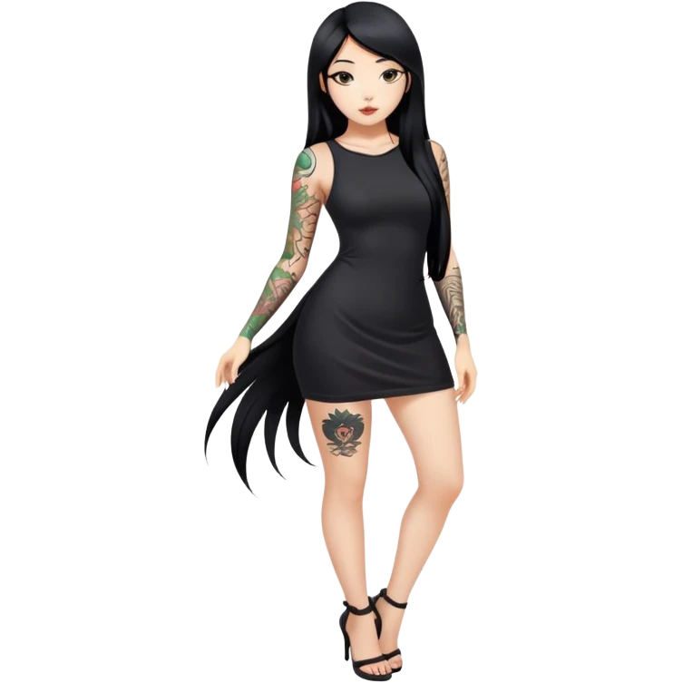 Beautiful Asian girl with long black hair and body tattoos sexy pose in mini black dress sfw emoji
