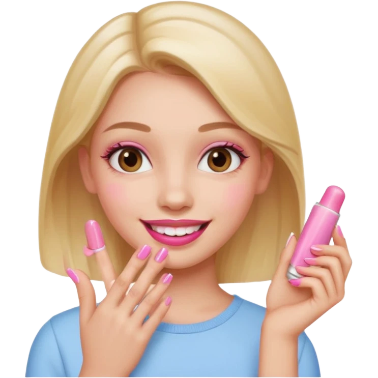 girl with pink nails and pink lip balm, smiling emoji