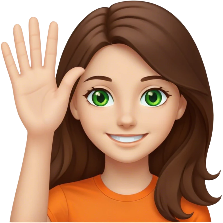 smiling girl with long brown hair, middle hair split, waving, green eyes, orange shirt emoji