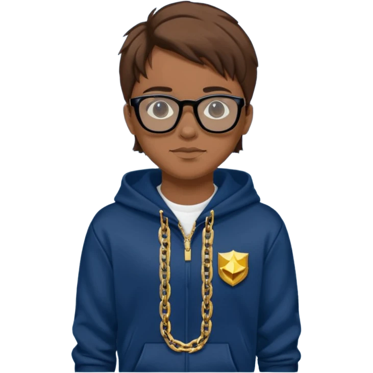 Brown hair with black glasses and lends have black and a dark blue hoodie that says caylus kingdom with black pants and a gold chain  emoji