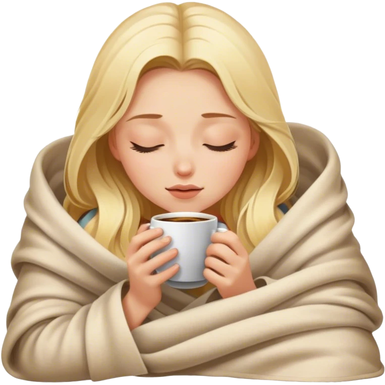 blonde girl inside a blanket sipping coffee eyes closed emoji