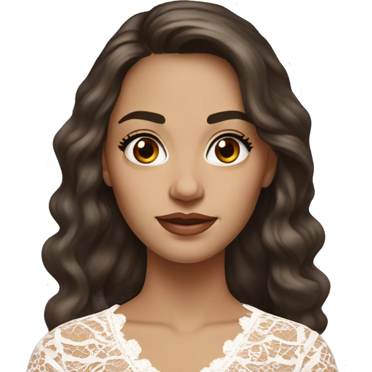 hyper realism Adult woman with brown eyes, light tanned skin, long wavy dark brown hair, wearing a white lace dress, thin eyebrows emoji