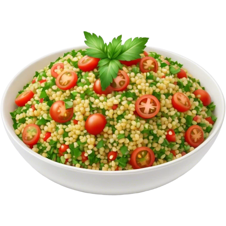 Cinematic Realistic Tabbouleh Salad Dish Emoji, showcasing a fresh herbaceous salad with bulgur, tomatoes, and parsley rendered with crisp textures and natural, vibrant lighting. emoji