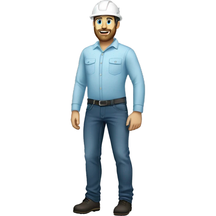An engineer with beard, standing and wearing black jeans and light blue long sleeve and white helmet  emoji