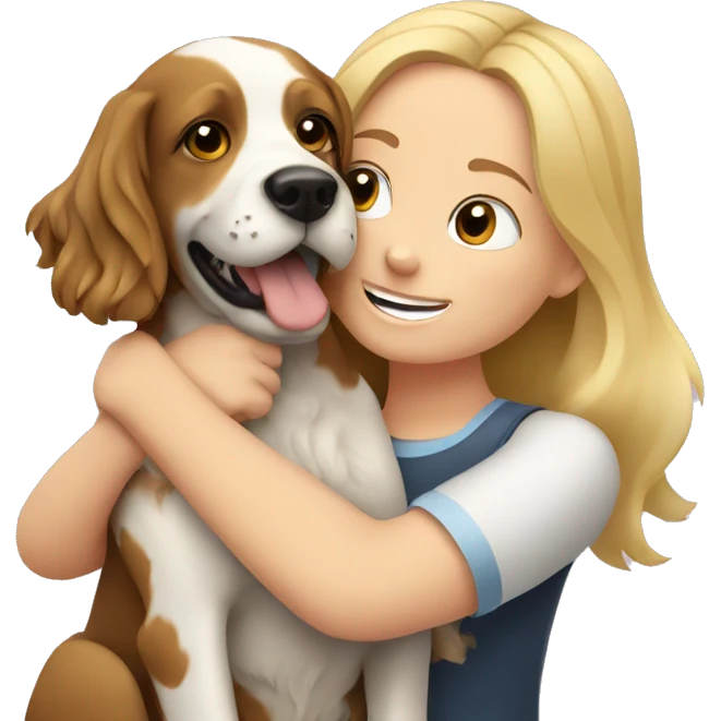 girl with blond hair hugs a spaniel dog emoji