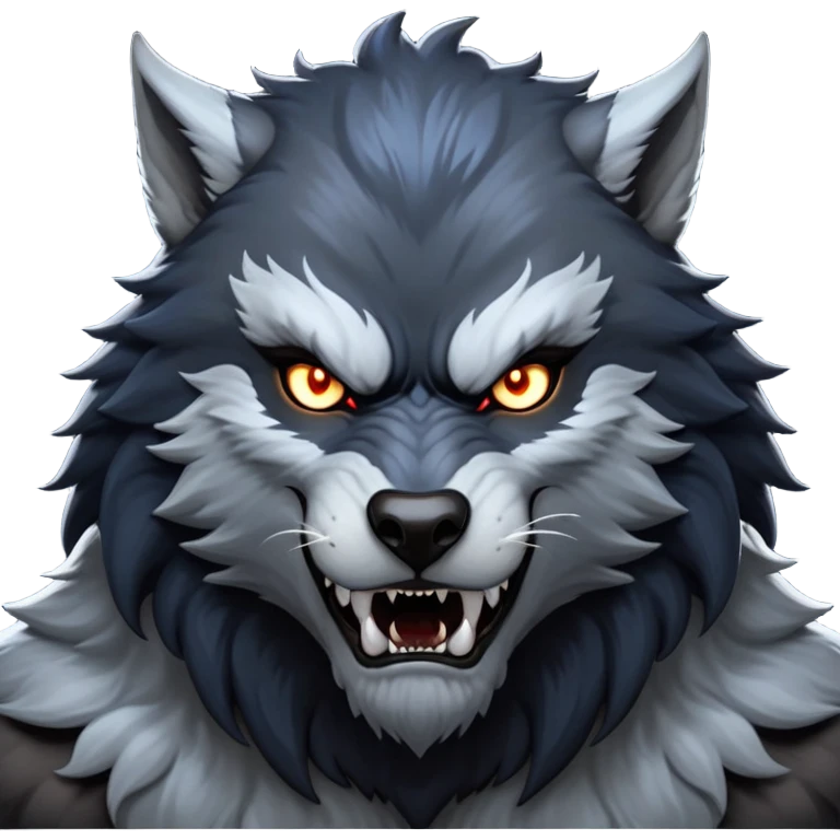 cinematic-noble-fierce-werewolf-portrait-emoji, poised-and-imposing, with a tall, slender yet muscular frame inspired by the brutal, imposing shape of the beast from Berserk, fur rippling in shades of midnight black and silver, eyes glowing with an intense, primal ferocity, reflecting the untamed power of the wild moonlit night; rendered with realism emoji