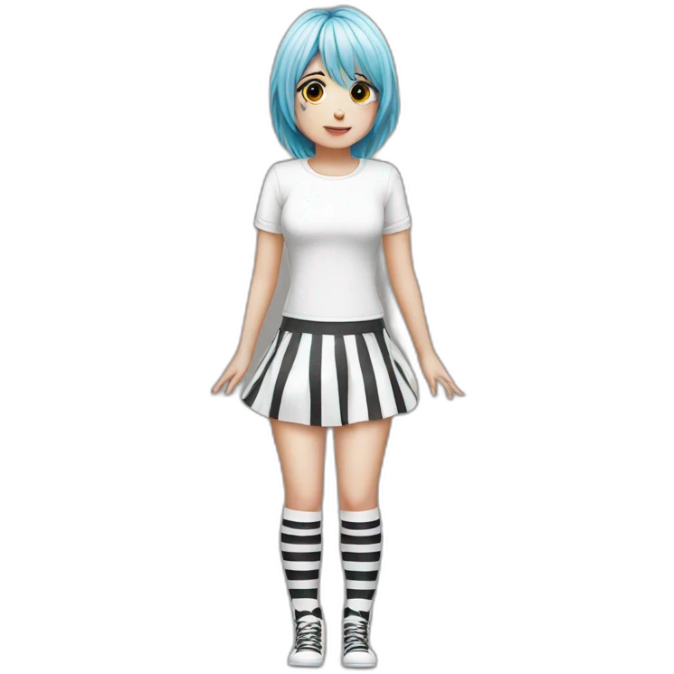 Hyperrealistic Frontal view curvy emo girl sits white skirt striped stockings hands up emoji