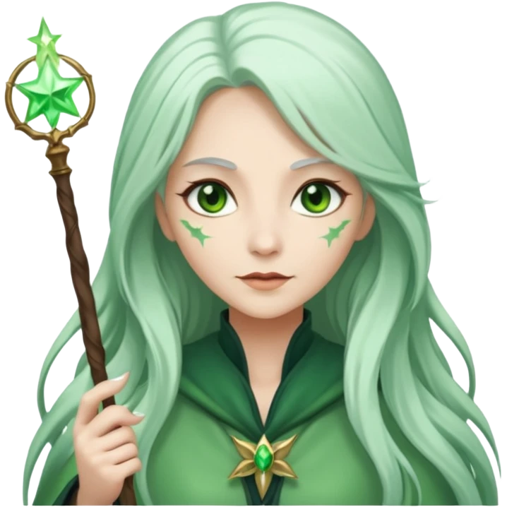 Woman with green skin color with white color long hair and carrying a magic wand emoji