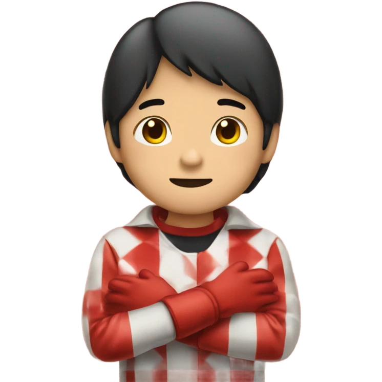 Asian boy wearing red checkered gloves on hands emoji
