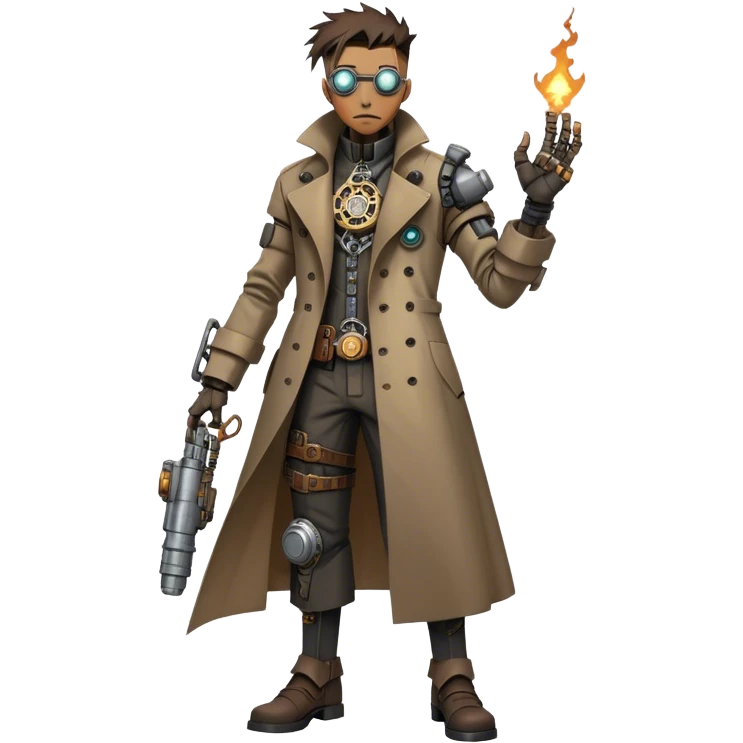 cartoonish, rough, and battle-worn cyber-steampunk Dr. Numen Oppen! His rugged trench coat, exposed mechanical joints, and worn cybernetic enhancements capture the fusion of steampunk and cyberpunk aesthetics. emoji