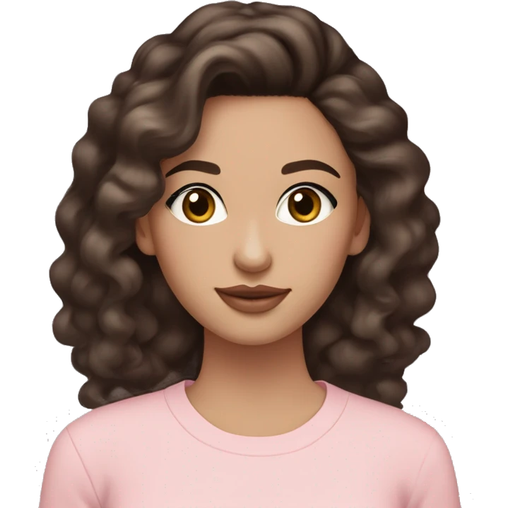 brunette girl with light pale skin,thin brows,brown eyes,wavy long dark hair in pastel pink clothes,accessories and hoop earring and eye makeup emoji