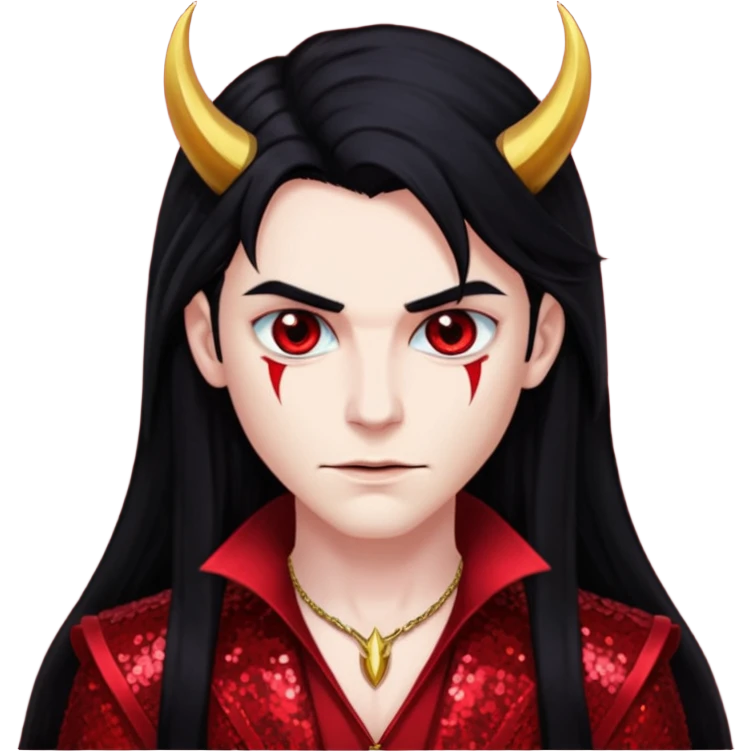 Lucifer with long black hair, dark red sequin outfit emoji