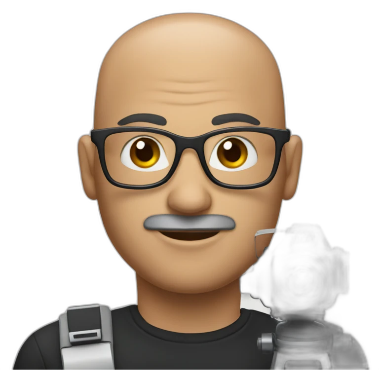 man without hair, a black mustache and large glasses holding a video camera emoji