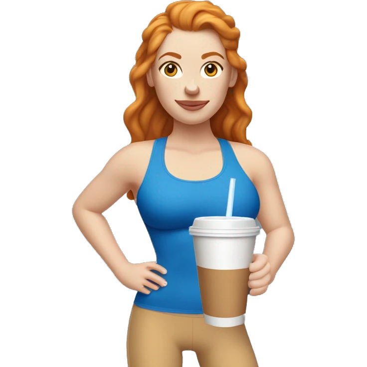 Ginger hazel eyed straight haired white girl in blue sports bra and leggings, drinking iced coffee emoji