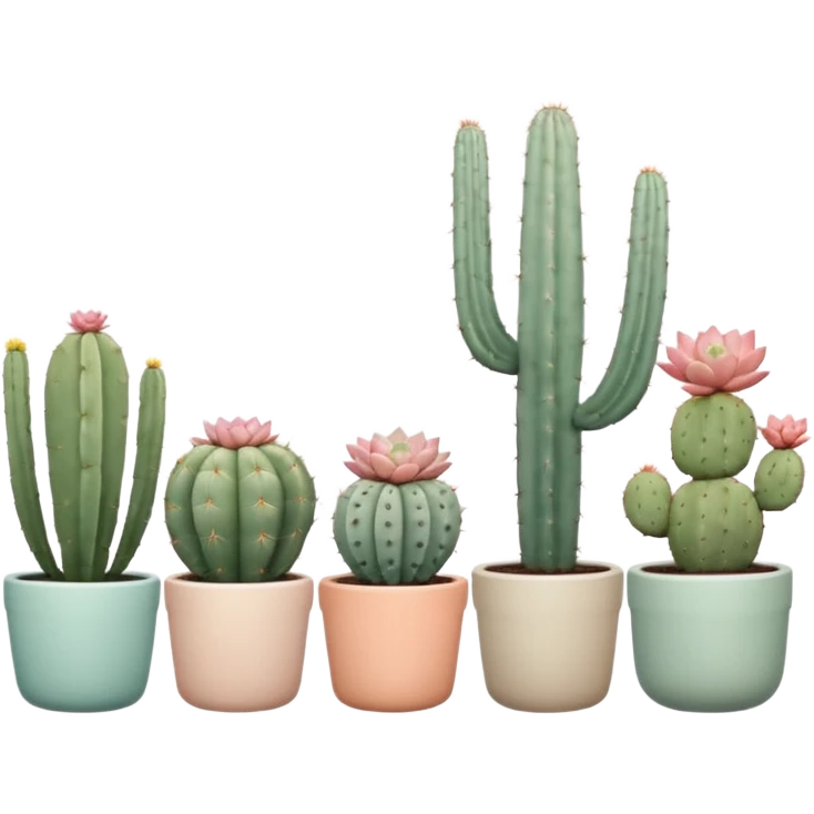 Ceramic pots in pastel colors, tall and short, round and square, containing desert cactus plants, hanging cacti, flowering cacti, echeveria succulents, and sedum succulents, placed in a row on the floor, white background emoji