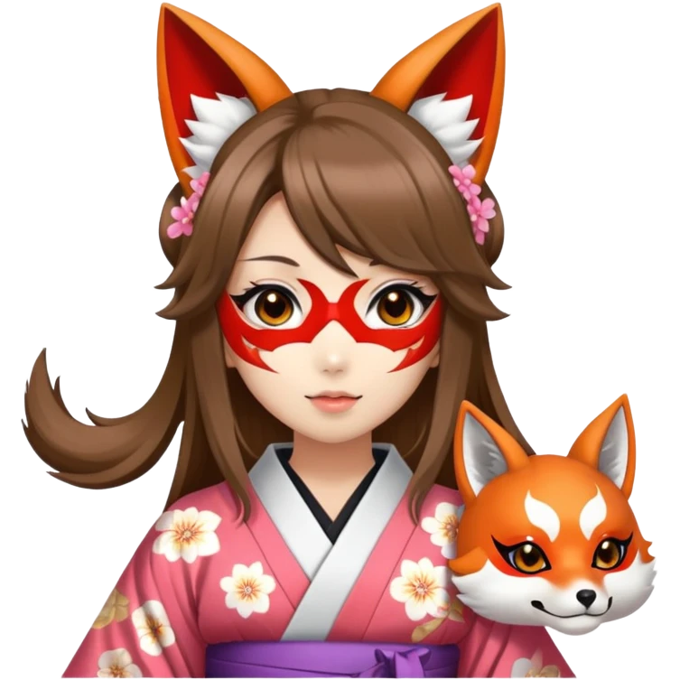 hime gyaru girl, kimono, brunette hair, kitsune mask emoji