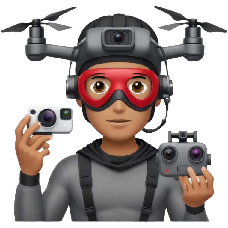 Super hero photographe, gopro sur la tête, masque ce fpv  (style Apple vision) sur les yeux. Un drone à côté de lui. Il tiens un appareil photo reflex. emoji