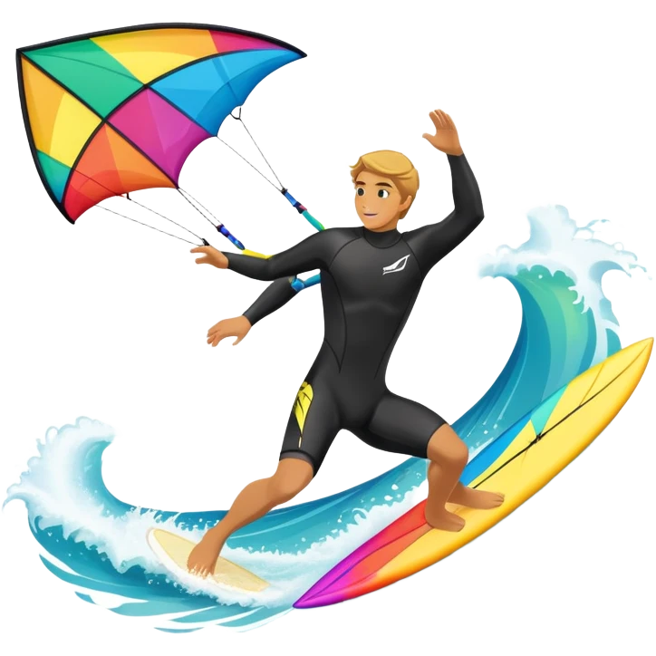 A kite surfer gliding across the ocean, with a colorful kite soaring high in the sky and the surfer carving through the waves. The scene captures the energy and freedom of the sport, with the sun shining and the ocean's waves splashing around. emoji