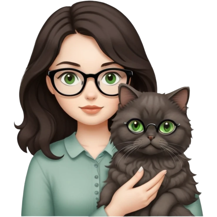 make a girl with medium length wavy hair thats dark brown, dark brown eyes, very pale skin, wearing black glasses, while holding a gray persian cat with green eyes emoji