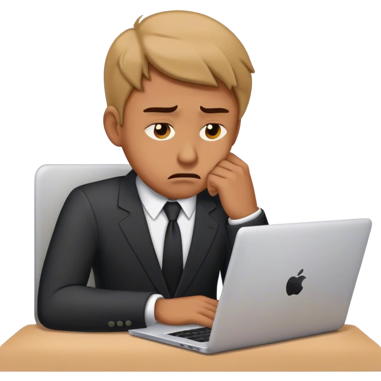 Minimalist emoji of a sad businessman at a laptop, looking exhausted and frustrated. emoji