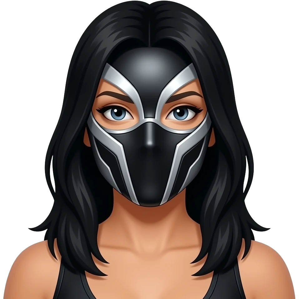 Mascara  de luchador de mujer que se le vea el cabello negro largo, la mascara negro con plateado con diseño como si fuera un androide un Ciborg que sea simétrico haciendo emoji