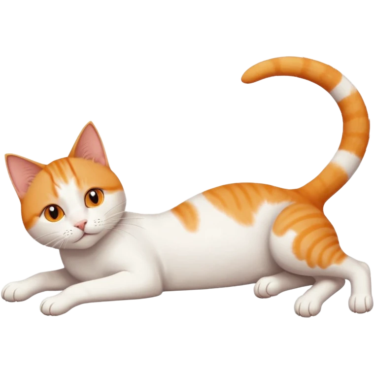 ginger and white cat with orange eyes doing a big extremely long stretch reaching up into the air with arms and legs side by side together straight and overextended whilst lying on its side emoji