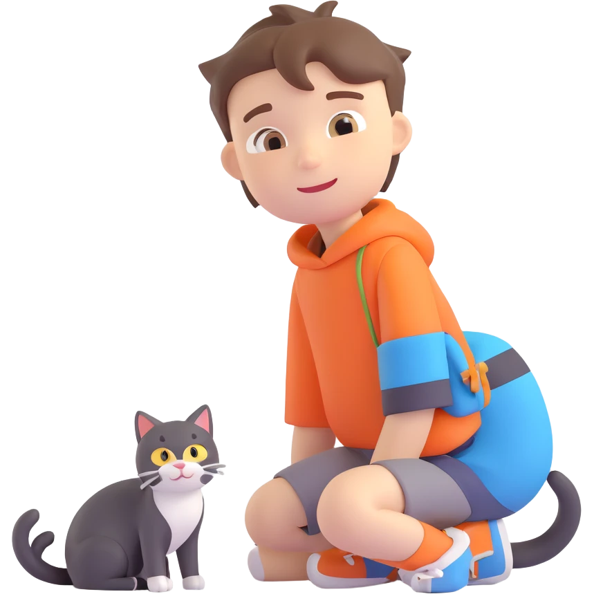 boy and cat pet in forrest background, close up pose emoji