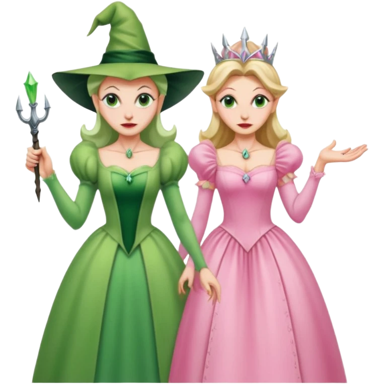 make an emoji of the green wicked witch standind behind the good witch Glinda and being overly protective looking angry and glinda looking happy emoji