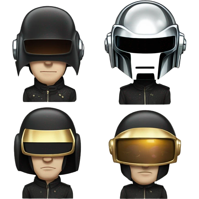 I'd love to see an artwork of Daft Punk, but with a twist. Could you create an illustration where their heads and helmets are shaped like beans? Think of their iconic look but with a fun, bean-themed design emoji