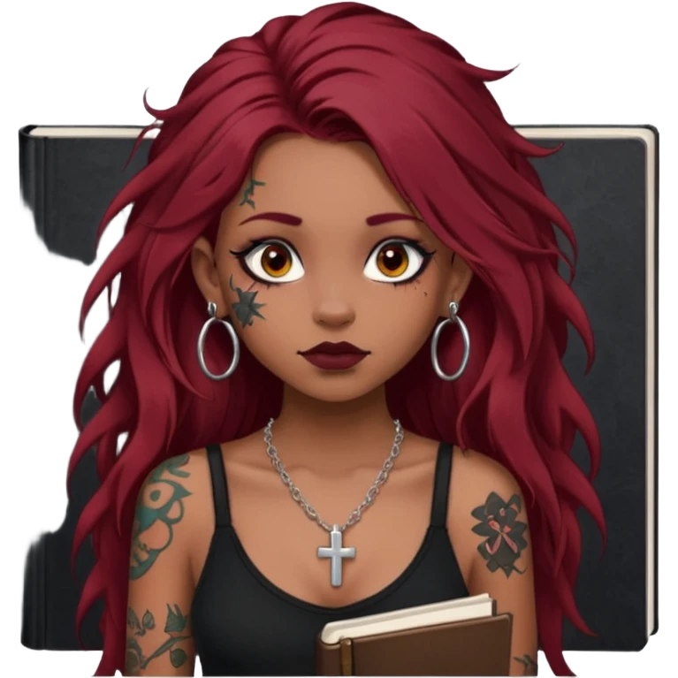 generate an ios genmoji of a dusky girl with long dark red messy hair with eyeliner on her eyes. septum piercing, wearing a cami black top, has tattoos, on shoulders. ear piercings. wearing a cross silver necklace. carrying a lot of sketchbooks emoji