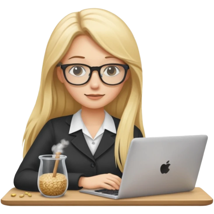 a blondie woman with long hair working with a computer laptop and a grains vessel around emoji