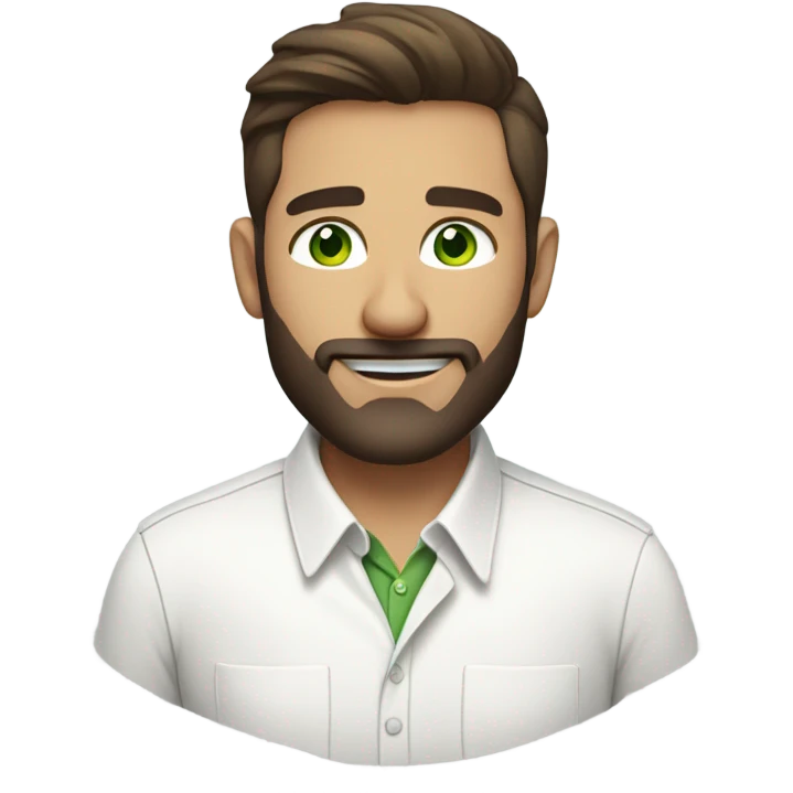 handsome optimist oval head brunette man and beard green eyes wearing white button down shirt  emoji