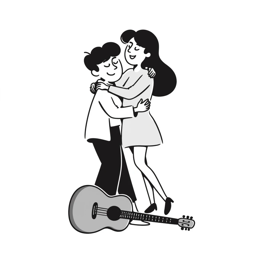 Two happy musicians hugging each other, smiling, friendly embrace, musical instruments nearby emoji