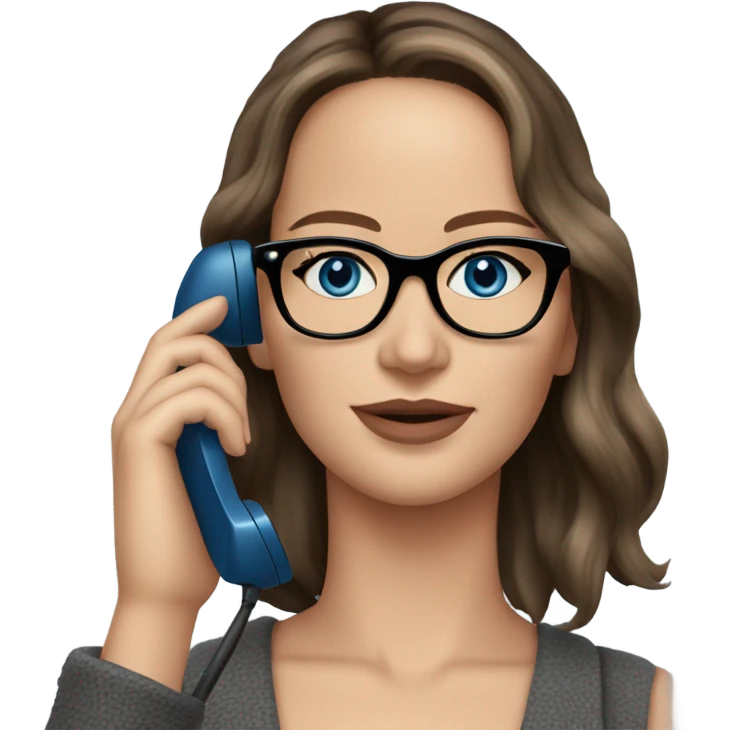 Realistic Photo of Brunette Jennifer Lawrence wearing black glasses and blue eyes talking on the phone  emoji