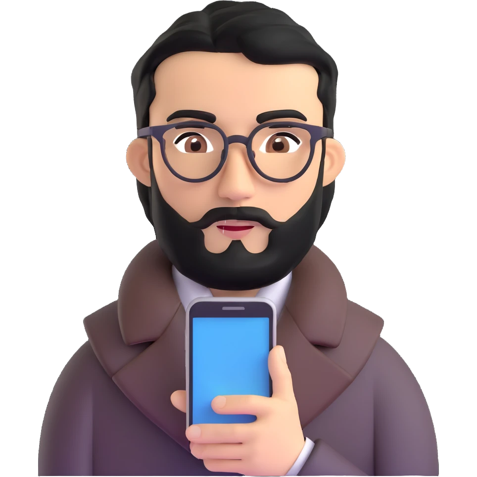 professional man with medium black beard, neat black hair, connected unibrow, olive tan skin, brown eyes, glasses, prominent nose, wearing a black coat, holding a smartphone emoji